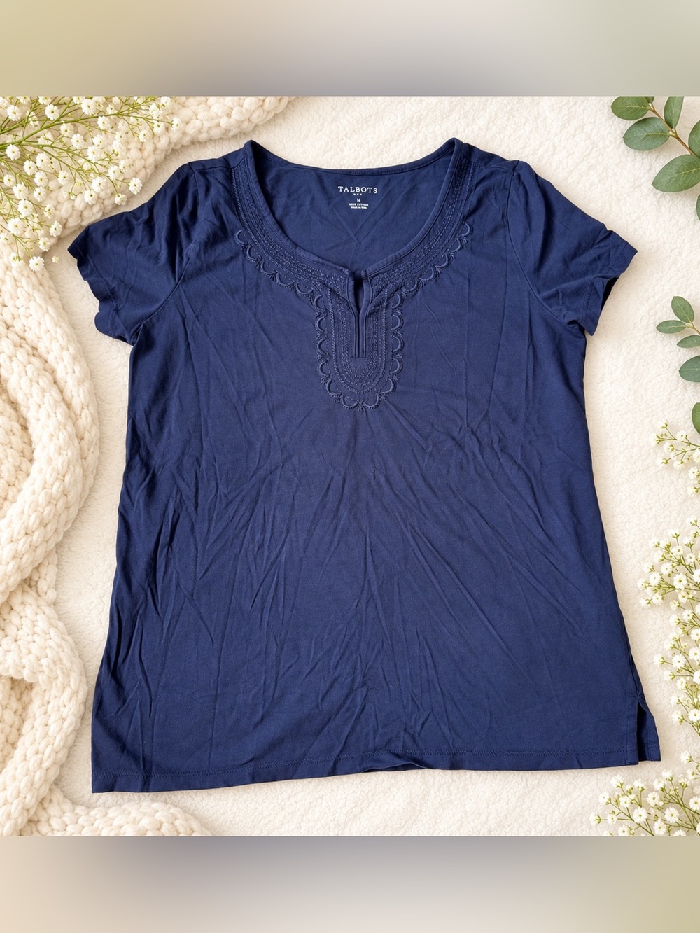 Talbots Navy Embroidered V-Neck Tee